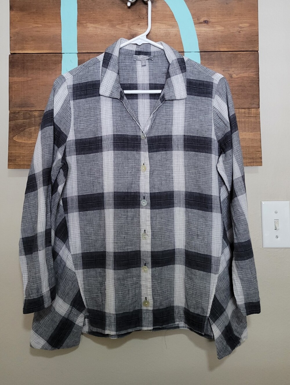 Habitat Lightweight Black & Gray Plaid Lagenlook Button-Up Linen Blend Shirt Xs